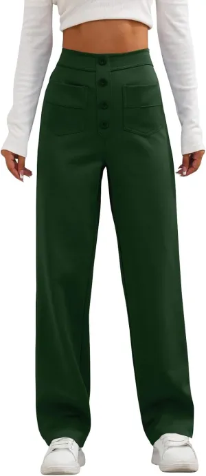 2024 Women's Casual Work Pants High Waisted Wide Leg Office Pants Stretchy Button Down Trousers with Multiple Pockets
