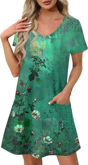 2025 Beach Dresses for Women Short Sleeve V Neck Summer Shirt Dress Loose Fit Casual Sundress