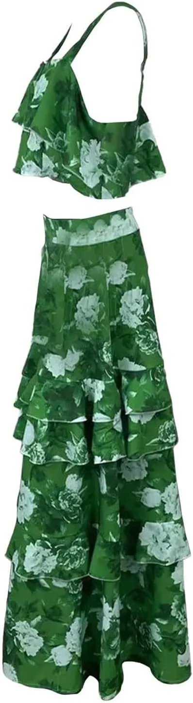 2025 Summer 2 Piece Boho Floral Outfits for Women Short Sleeve Off Shoulder Crop Top and High Waist Flowy Long Skirt Set