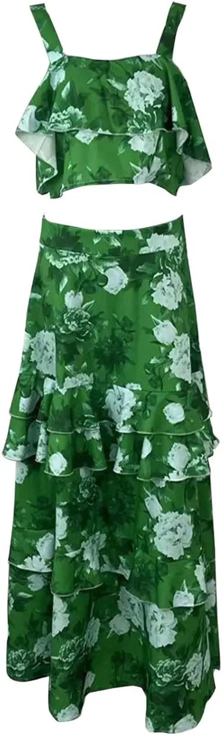 2025 Summer 2 Piece Boho Floral Outfits for Women Short Sleeve Off Shoulder Crop Top and High Waist Flowy Long Skirt Set