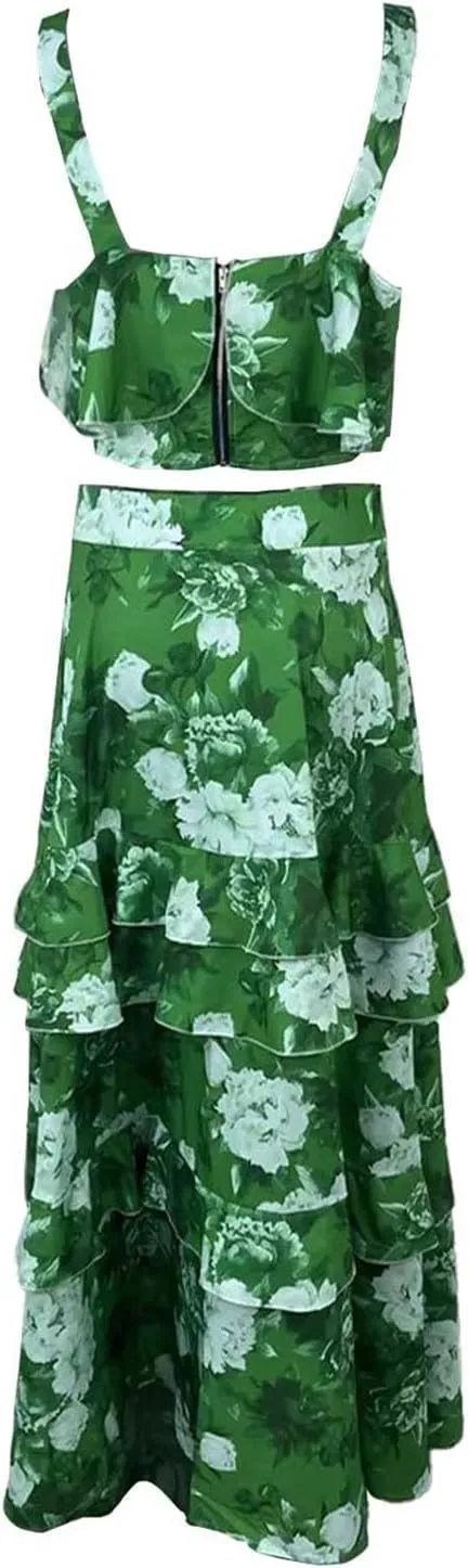2025 Summer 2 Piece Boho Floral Outfits for Women Short Sleeve Off Shoulder Crop Top and High Waist Flowy Long Skirt Set