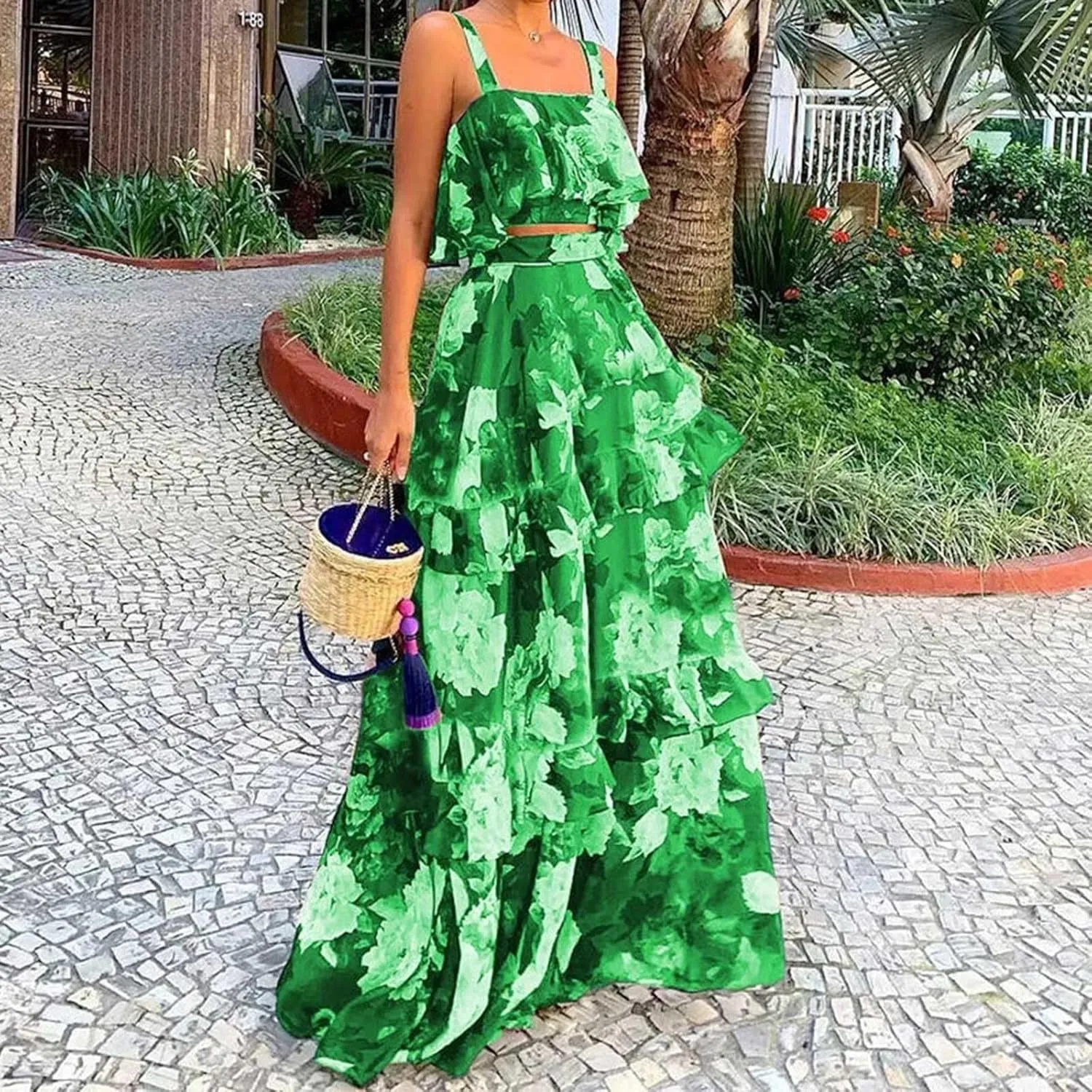 2025 Summer 2 Piece Boho Floral Outfits for Women Short Sleeve Off Shoulder Crop Top and High Waist Flowy Long Skirt Set