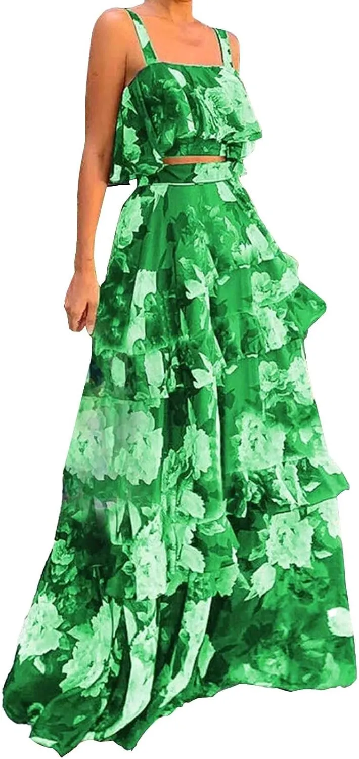 2025 Summer 2 Piece Boho Floral Outfits for Women Short Sleeve Off Shoulder Crop Top and High Waist Flowy Long Skirt Set