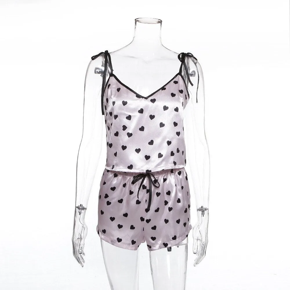 2psc Faux Silk Satin Pajamas Set Summer Women Sleepwear Sleeveless