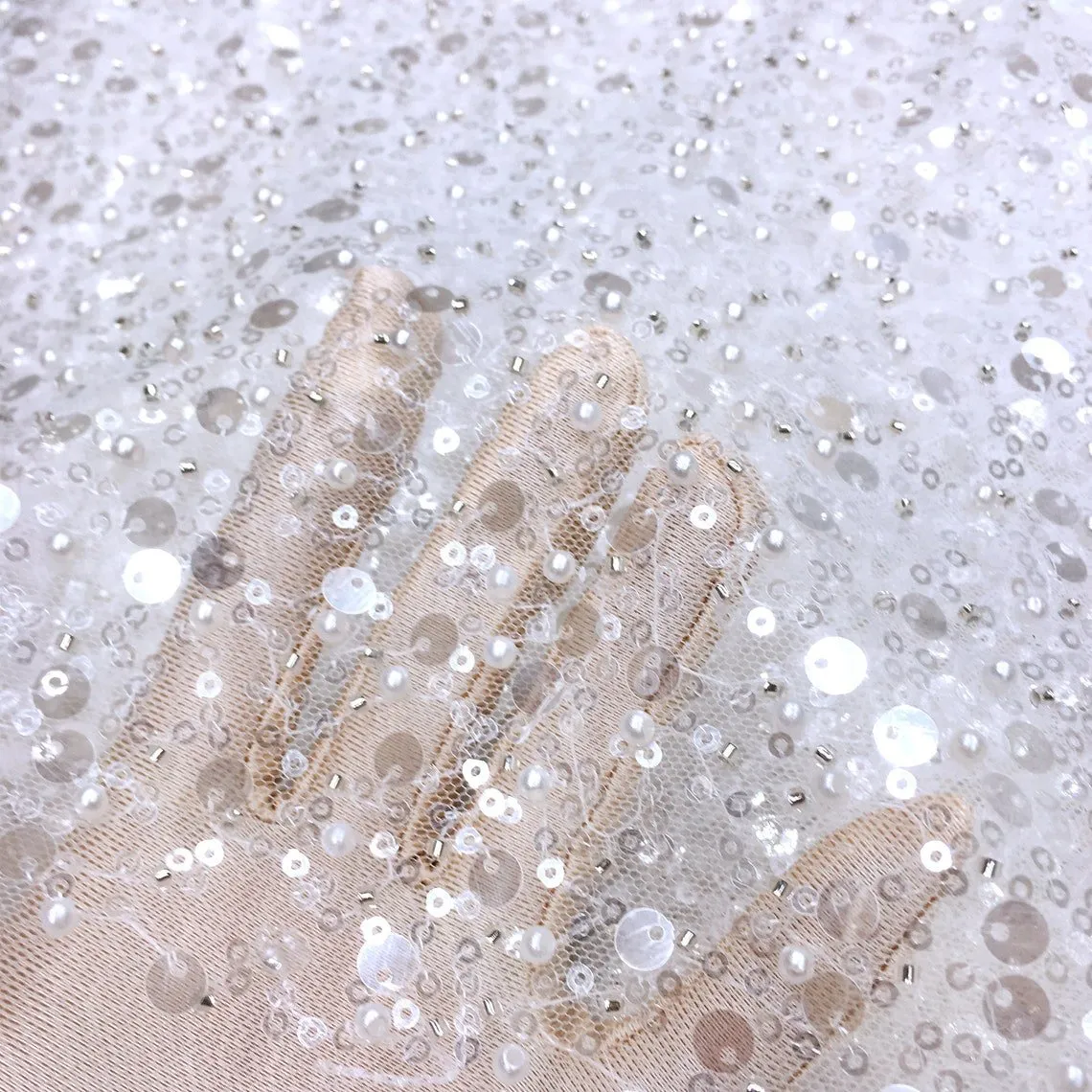 5 YARDS / GRACE Clear Off-White Beaded Mesh Ground Glitter Embroidery Mesh Lace Dress Fabric