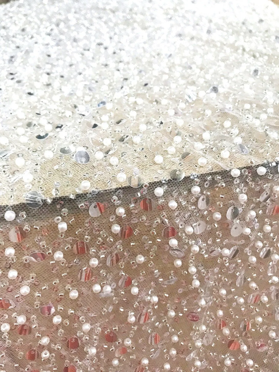 5 YARDS / GRACE Clear Off-White Beaded Mesh Ground Glitter Embroidery Mesh Lace Dress Fabric