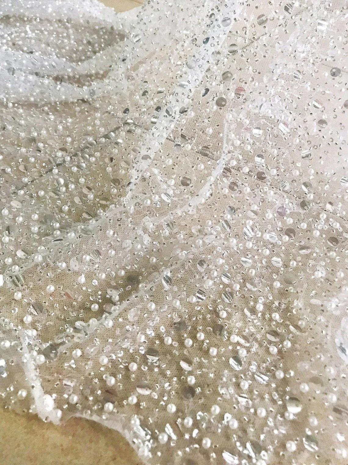 5 YARDS / GRACE Clear Off-White Beaded Mesh Ground Glitter Embroidery Mesh Lace Dress Fabric