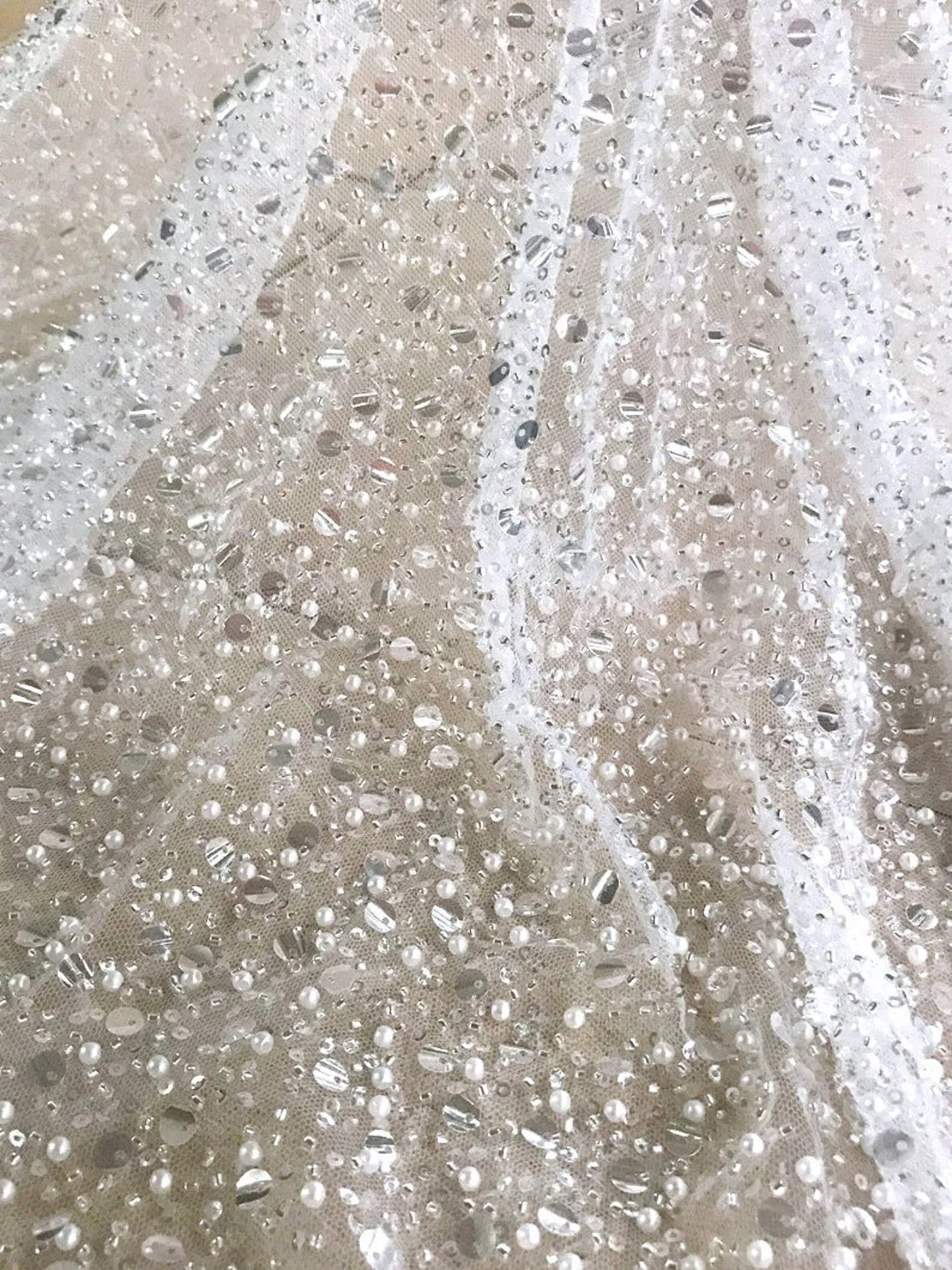 5 YARDS / GRACE Clear Off-White Beaded Mesh Ground Glitter Embroidery Mesh Lace Dress Fabric