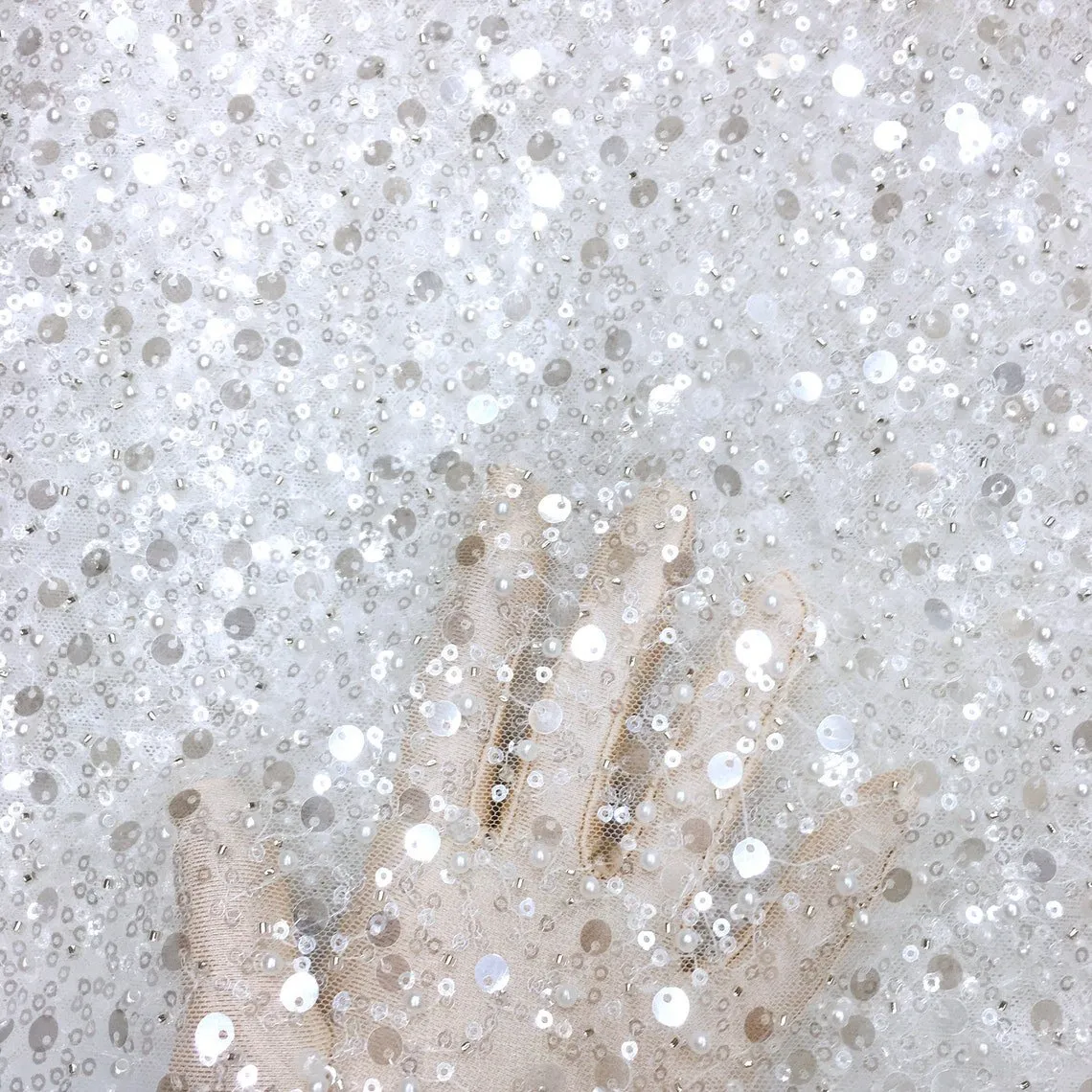5 YARDS / GRACE Clear Off-White Beaded Mesh Ground Glitter Embroidery Mesh Lace Dress Fabric