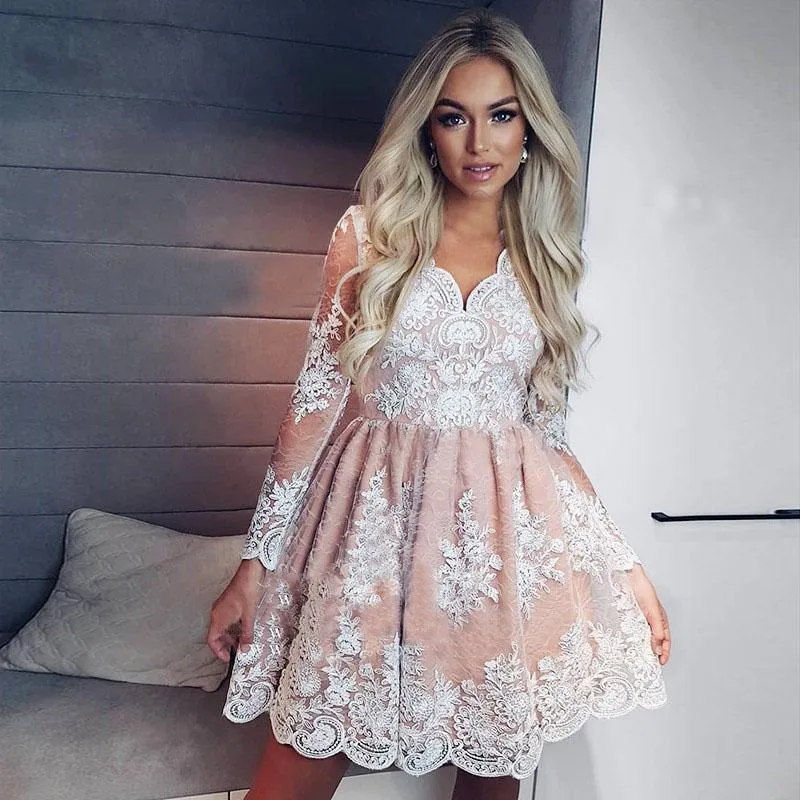 A-Line V-neck Long Sleeves Short Pink Homecoming Dress with Appliques PFH0165