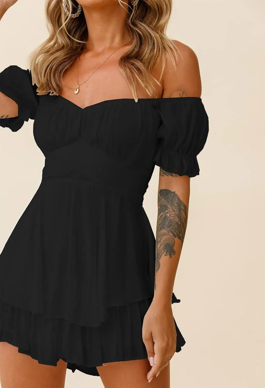 AOHITE Womens Summer Tube Top Dress Off-Shoulder Ruffled Flowy Mini Short Dresses