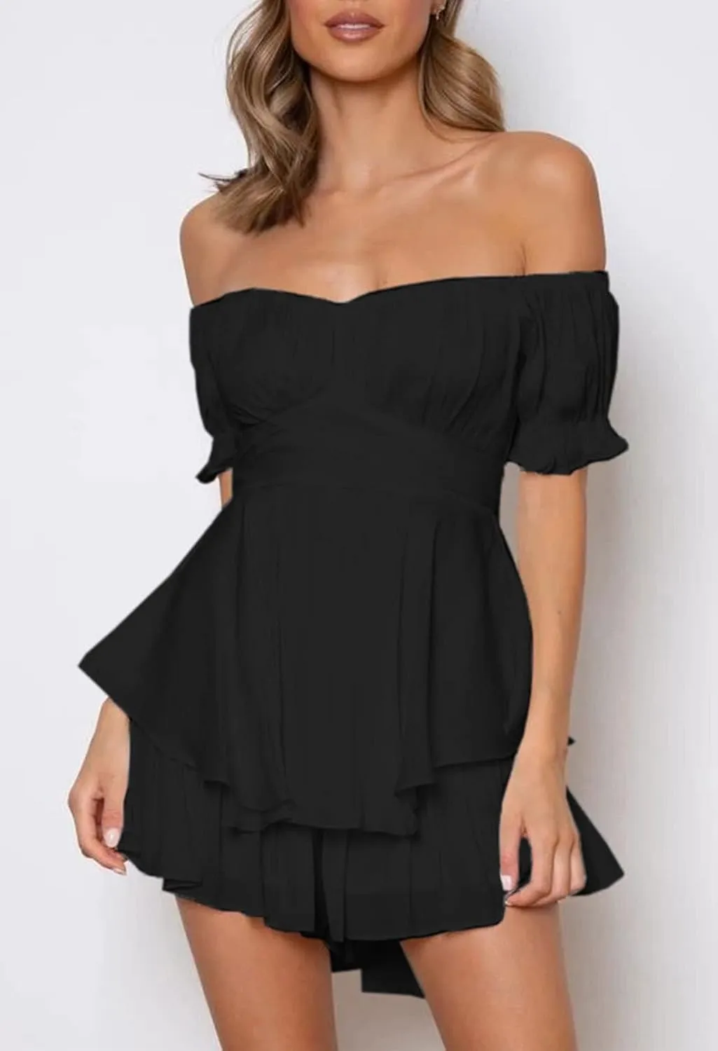AOHITE Womens Summer Tube Top Dress Off-Shoulder Ruffled Flowy Mini Short Dresses
