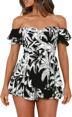 AOHITE Womens Summer Tube Top Dress Off-Shoulder Ruffled Flowy Mini Short Dresses