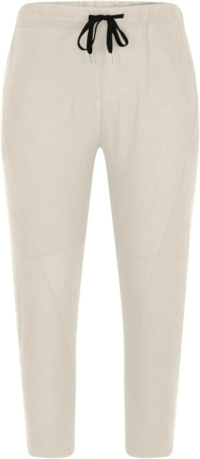 Baggy Pants for Men Trendy Cotton Linen Summer Beach Pants Casual Loose Lounge Cropped Harem Trousers with Pockets