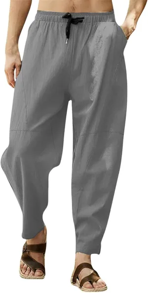 Baggy Pants for Men Trendy Cotton Linen Summer Beach Pants Casual Loose Lounge Cropped Harem Trousers with Pockets