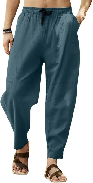 Baggy Pants for Men Trendy Cotton Linen Summer Beach Pants Casual Loose Lounge Cropped Harem Trousers with Pockets