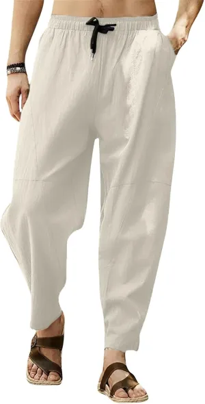 Baggy Pants for Men Trendy Cotton Linen Summer Beach Pants Casual Loose Lounge Cropped Harem Trousers with Pockets