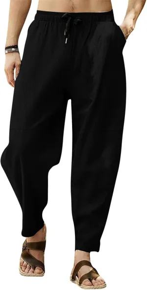 Baggy Pants for Men Trendy Cotton Linen Summer Beach Pants Casual Loose Lounge Cropped Harem Trousers with Pockets
