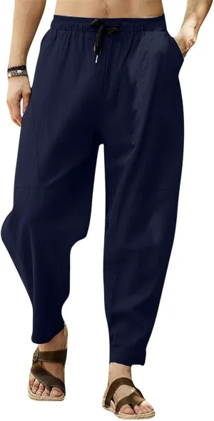Baggy Pants for Men Trendy Cotton Linen Summer Beach Pants Casual Loose Lounge Cropped Harem Trousers with Pockets