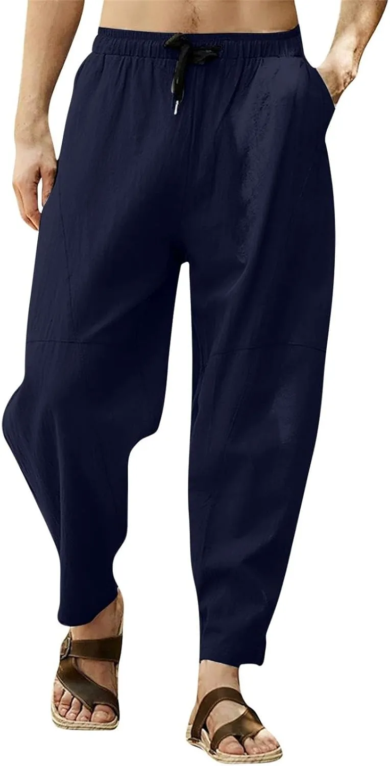 Baggy Pants for Men Trendy Cotton Linen Summer Beach Pants Casual Loose Lounge Cropped Harem Trousers with Pockets