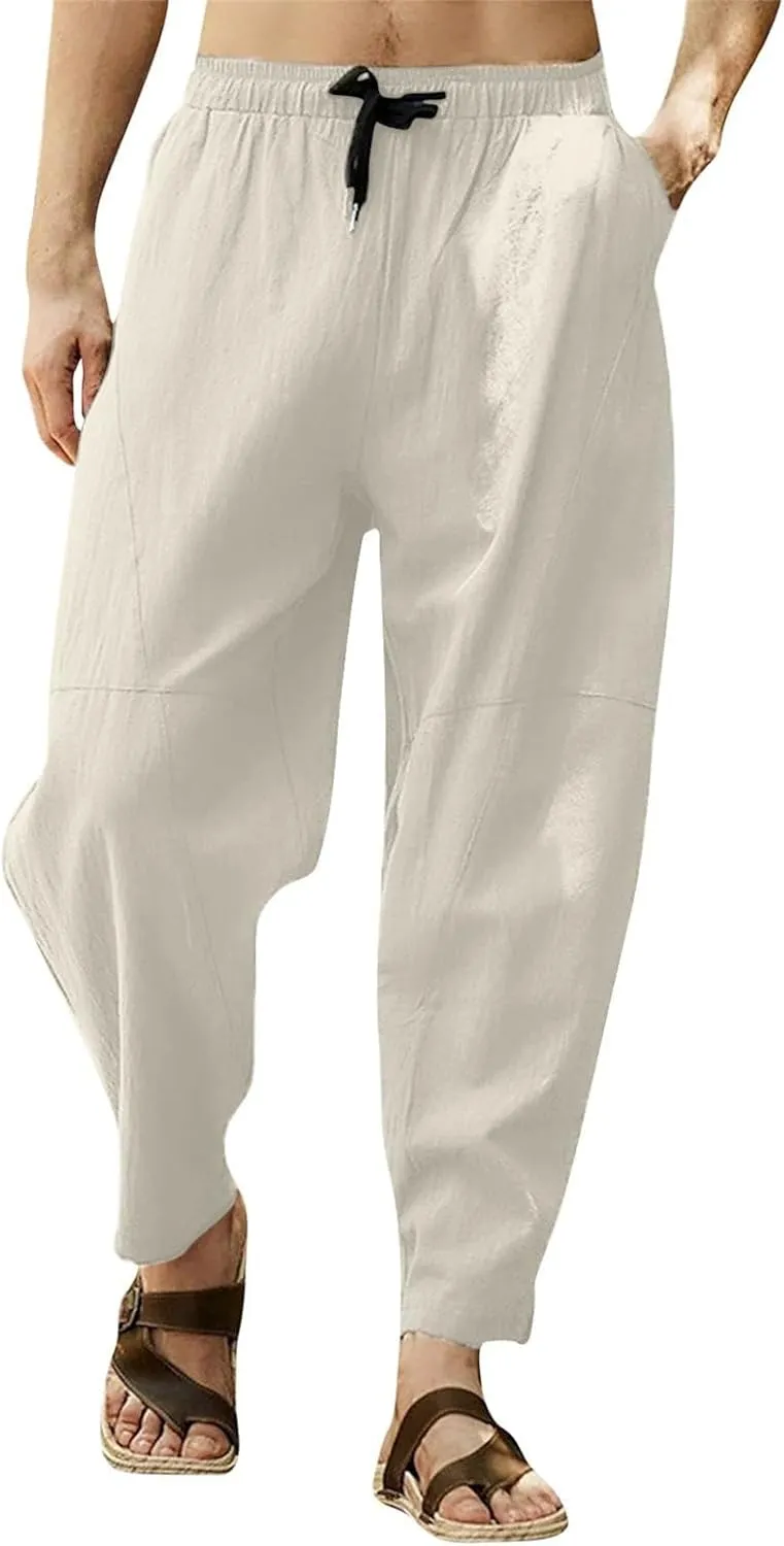 Baggy Pants for Men Trendy Cotton Linen Summer Beach Pants Casual Loose Lounge Cropped Harem Trousers with Pockets