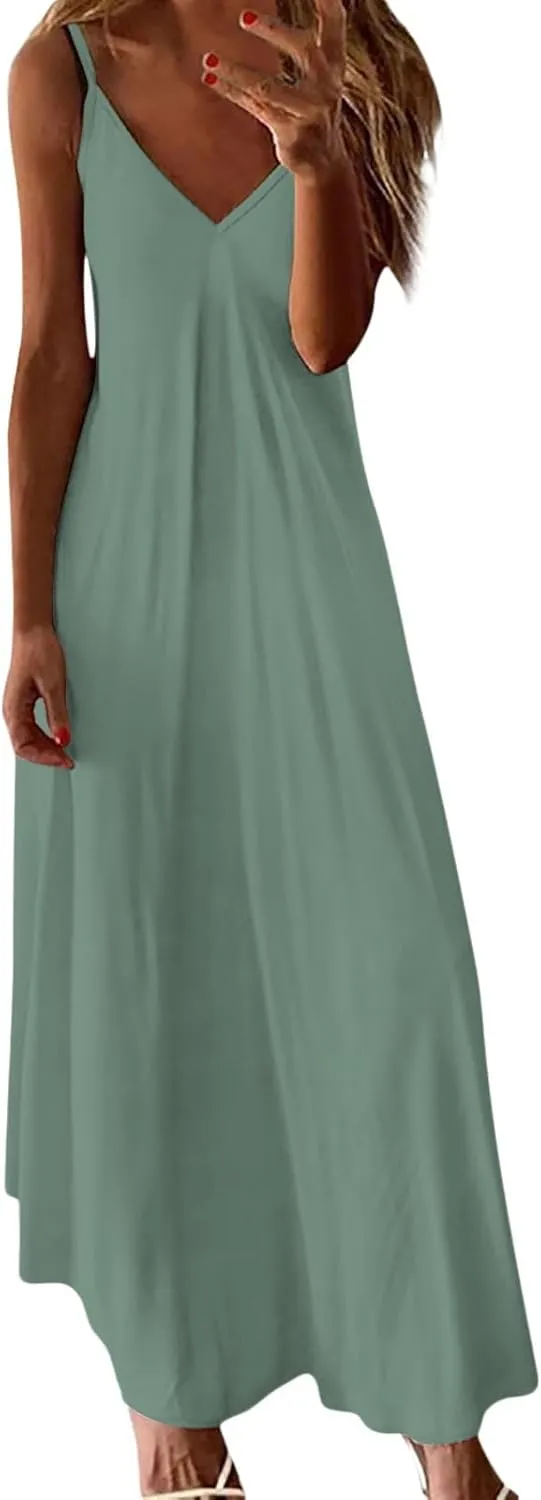 Beach Dresses for Women 2025 Printed Long Skirt Casual Flower Sleeveless V Neck Long Sun Square Neck Floral Midi