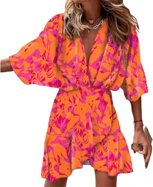 Beach Dresses for Women Vacation Summer Dress Floral Mini Casual Strap Boho Cute Tiered Ruffle Hem Print Sundress