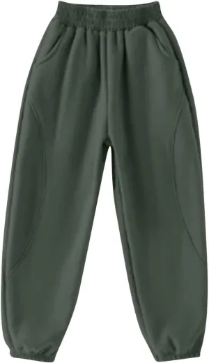 Beige Jogger Pants for Kids Comfortable Casual Pants with Elastic Waist and Ribbed Cuffs for Girls