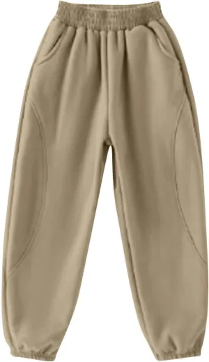 Beige Jogger Pants for Kids Comfortable Casual Pants with Elastic Waist and Ribbed Cuffs for Girls