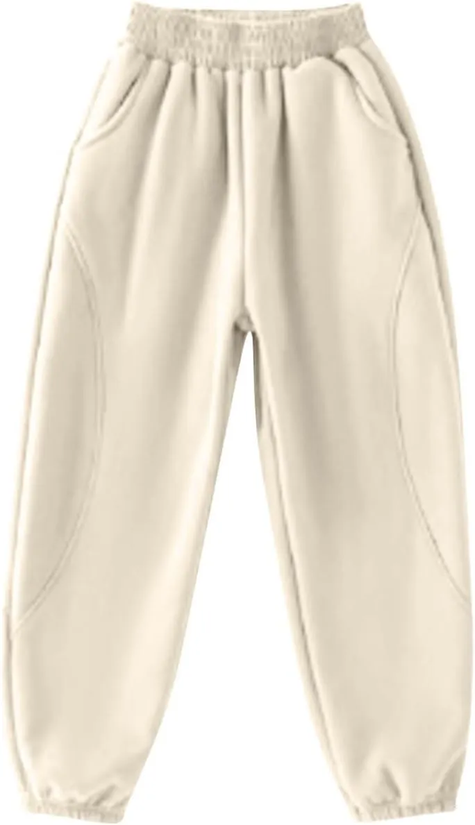 Beige Jogger Pants for Kids Comfortable Casual Pants with Elastic Waist and Ribbed Cuffs for Girls