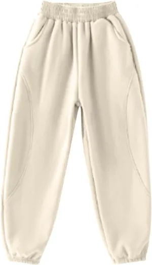 Beige Jogger Pants for Kids Comfortable Casual Pants with Elastic Waist and Ribbed Cuffs for Girls