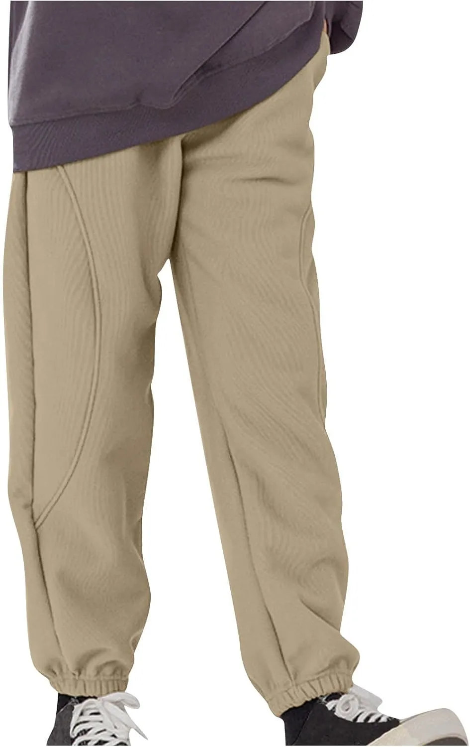 Beige Jogger Pants for Kids Comfortable Casual Pants with Elastic Waist and Ribbed Cuffs for Girls