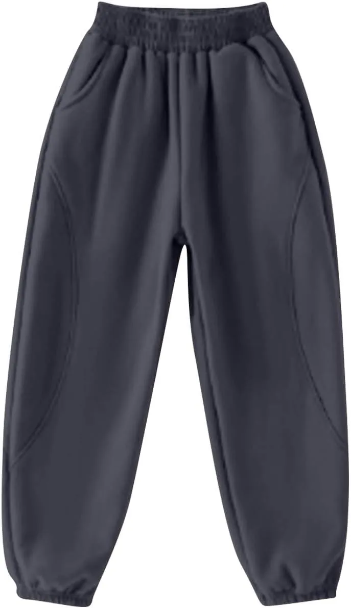 Beige Jogger Pants for Kids Comfortable Casual Pants with Elastic Waist and Ribbed Cuffs for Girls