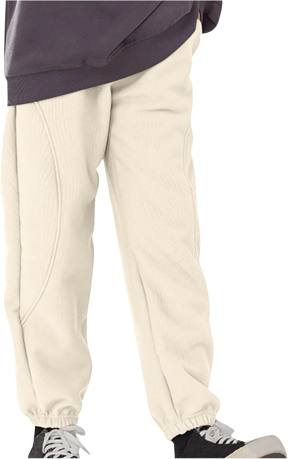 Beige Jogger Pants for Kids Comfortable Casual Pants with Elastic Waist and Ribbed Cuffs for Girls