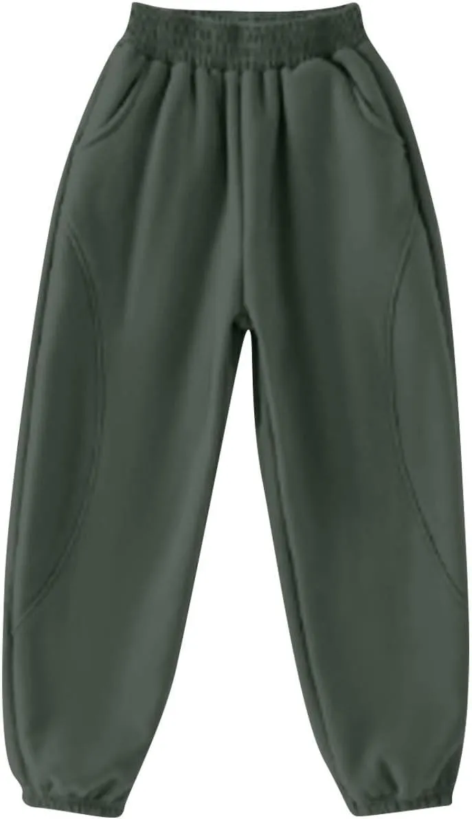 Beige Jogger Pants for Kids Comfortable Casual Pants with Elastic Waist and Ribbed Cuffs for Girls