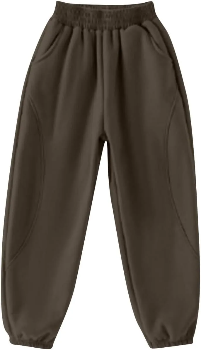 Beige Jogger Pants for Kids Comfortable Casual Pants with Elastic Waist and Ribbed Cuffs for Girls