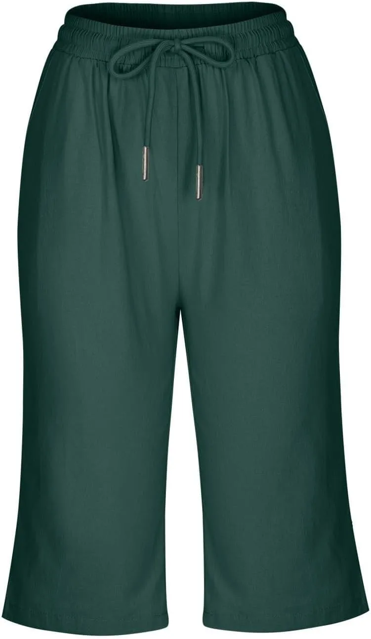 Bermuda Shorts for Women Knee Length Elastic Waist Drawstring Linen Capri Lightweight Summer Long Shorts with Pockets