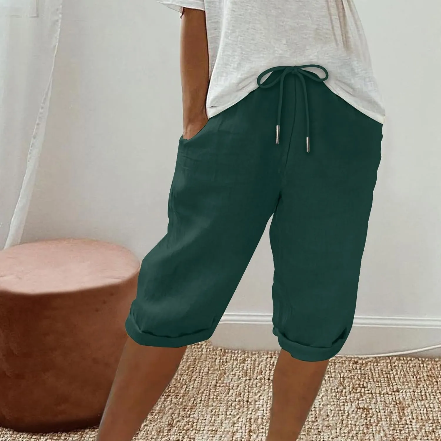Bermuda Shorts for Women Knee Length Elastic Waist Drawstring Linen Capri Lightweight Summer Long Shorts with Pockets