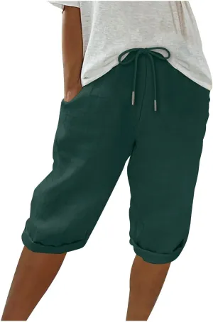 Bermuda Shorts for Women Knee Length Elastic Waist Drawstring Linen Capri Lightweight Summer Long Shorts with Pockets