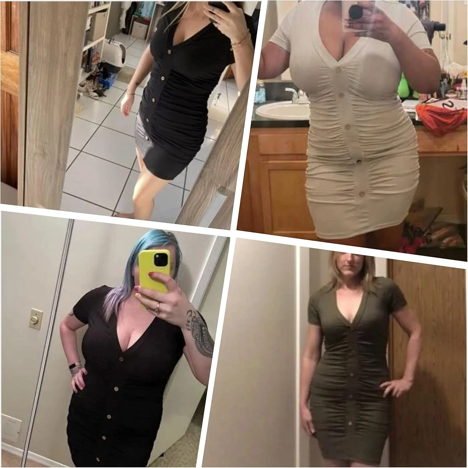 Beyove Summer Casual Ruched Bodycon Ribbed Sexy V Neck Button Down Stretchy Fitted Cocktail Party Club Mini Dresses