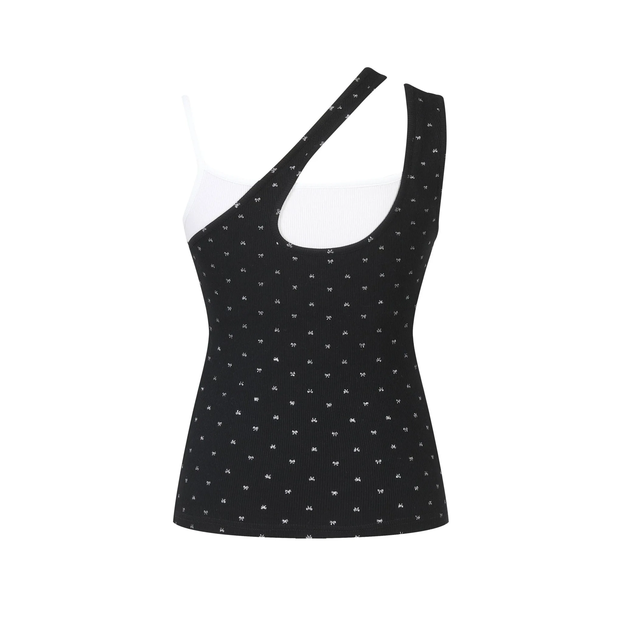 Black Colorblocked Glitter Bow Fake Two Piece Tank Top