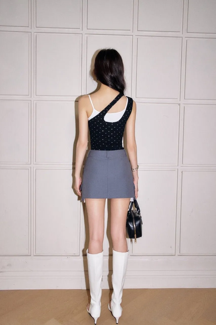 Black Colorblocked Glitter Bow Fake Two Piece Tank Top