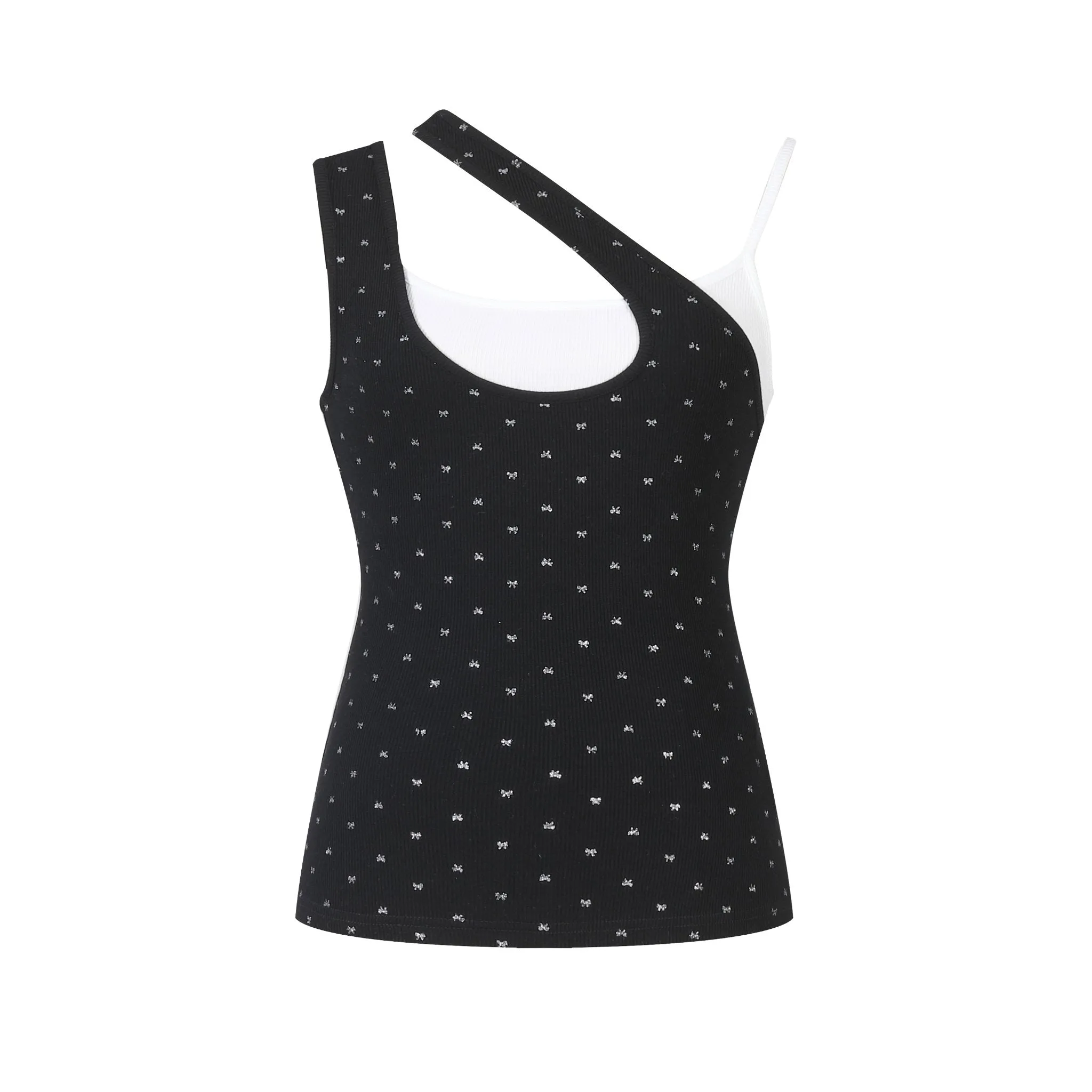 Black Colorblocked Glitter Bow Fake Two Piece Tank Top
