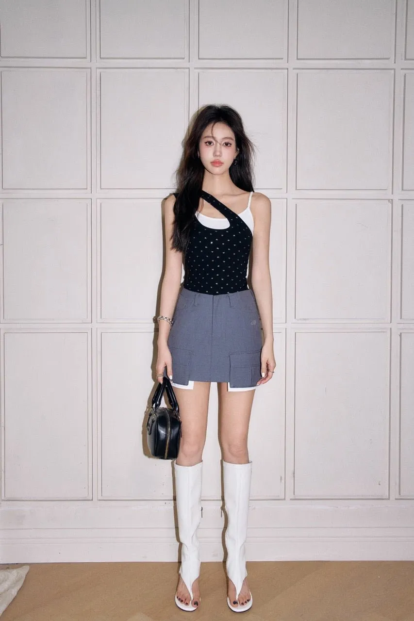 Black Colorblocked Glitter Bow Fake Two Piece Tank Top
