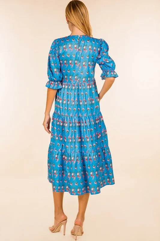 Blue Floral Print Short Puff Sleeve Smocked Dress
