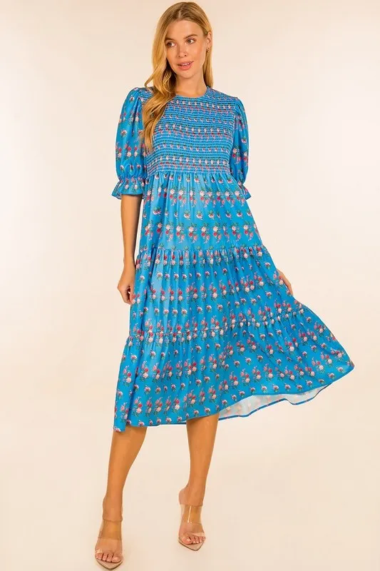 Blue Floral Print Short Puff Sleeve Smocked Dress