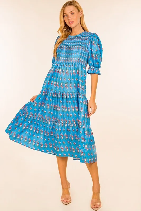 Blue Floral Print Short Puff Sleeve Smocked Dress