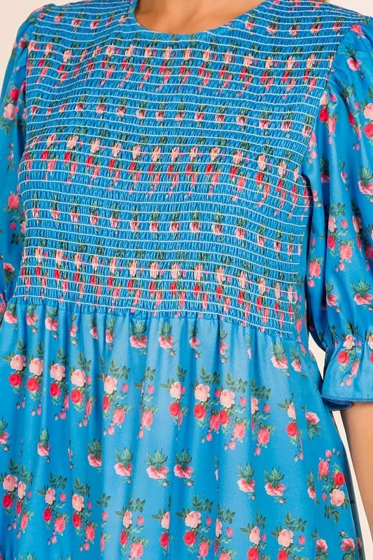 Blue Floral Print Short Puff Sleeve Smocked Dress