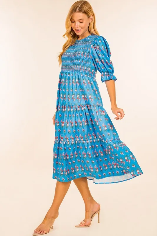 Blue Floral Print Short Puff Sleeve Smocked Dress