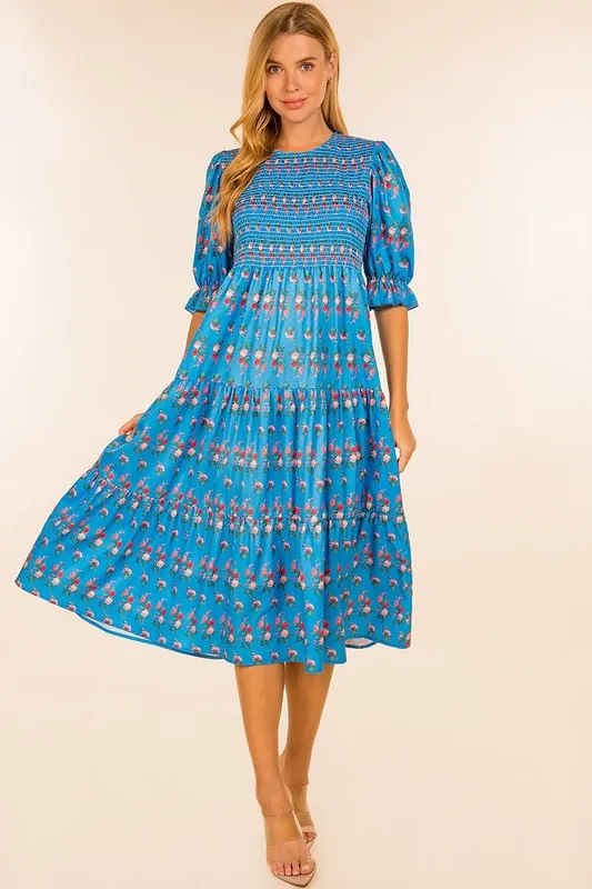 Blue Floral Print Short Puff Sleeve Smocked Dress